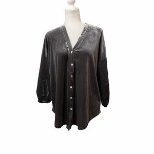 Weekend by Suzanne Betro Elegant Gray Velvet Button Down Tunic Shirt Size 1X